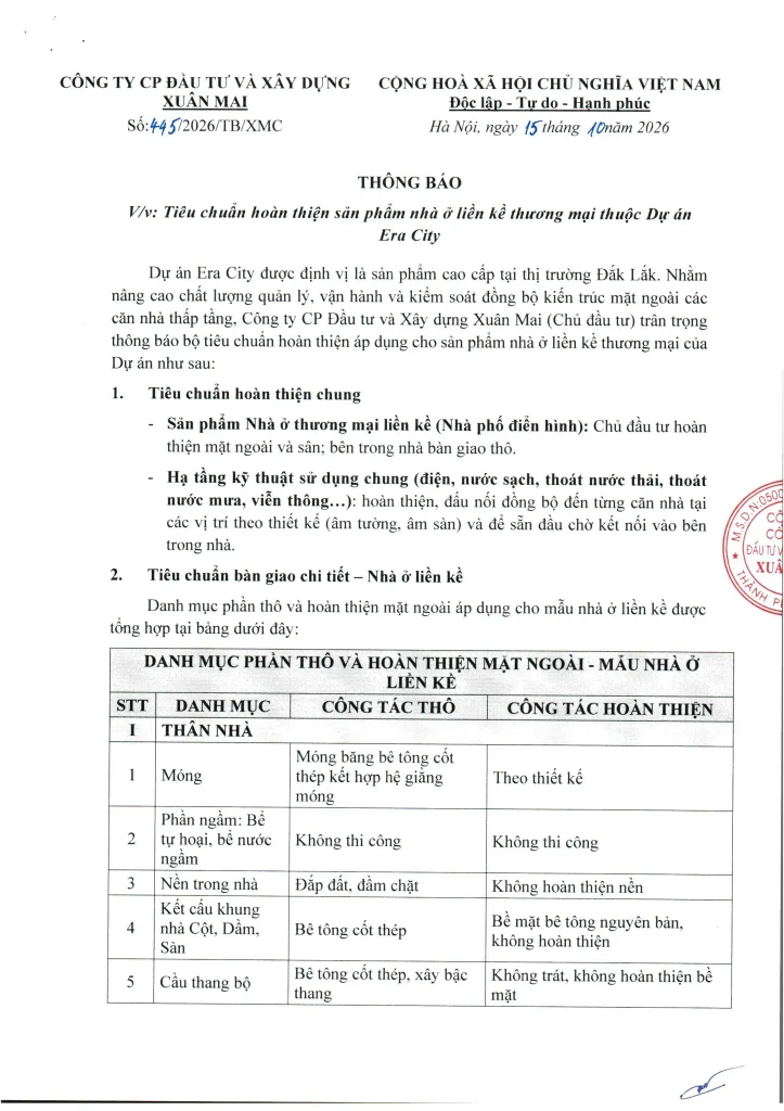 Tiêu chuẩn bàn giao nhà phố thương mại tại dự án Era City Buôn Ma Thuột.